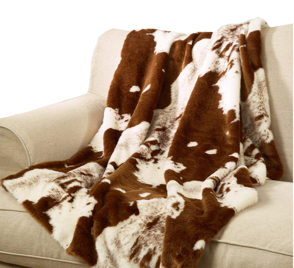 Fennco Styles Rustic Faux Fur Cowhide 50" W x 60" L Plush Throw – Brown Throw Blanket for Home, Couch, Bedroom, Living Room, Office, and Holiday Décor