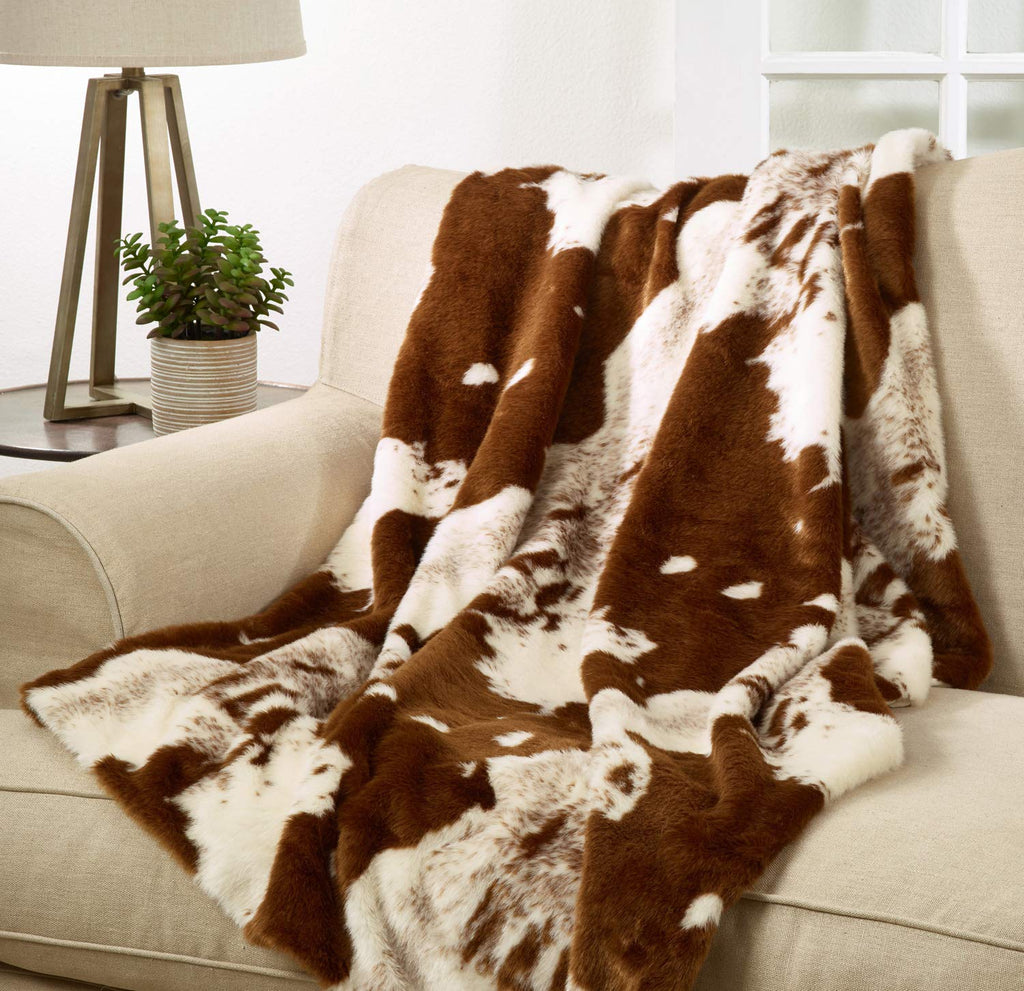 Fennco Styles Rustic Faux Fur Cowhide 50" W x 60" L Plush Throw – Brown Throw Blanket for Home, Couch, Bedroom, Living Room, Office, and Holiday Décor