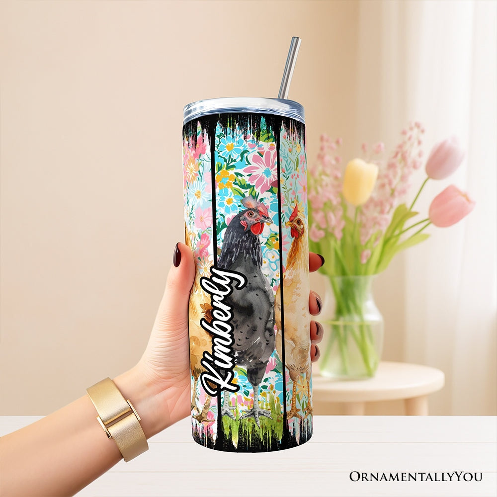 Brushstrokes Chicken Farm 20oz Personalized Tumbler With Lid and Stainless Steel Straw, Colorful Floral Farmlife Gift Cup