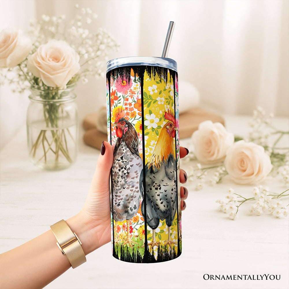 Brushstrokes Chicken Farm 20oz Personalized Tumbler With Lid and Stainless Steel Straw, Colorful Floral Farmlife Gift Cup