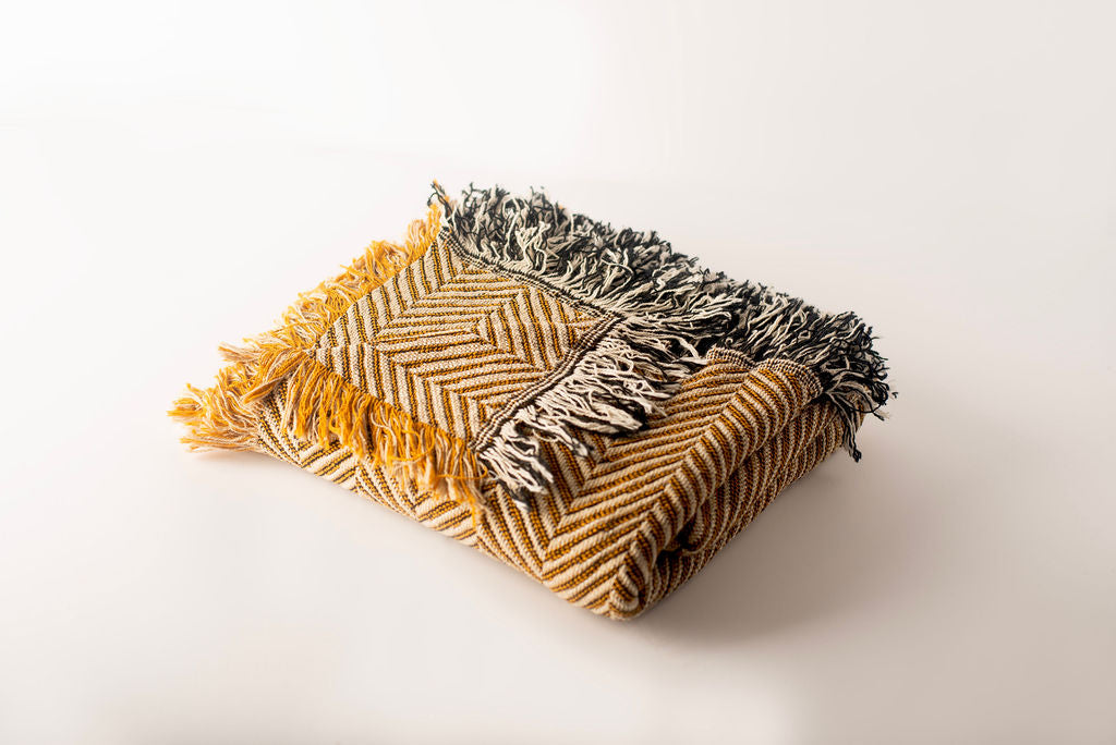 Golden Herringbone Jacquard Woven Throw Blanket, Reversible Cotton Throw, Made in USA | Henry Goldenrod