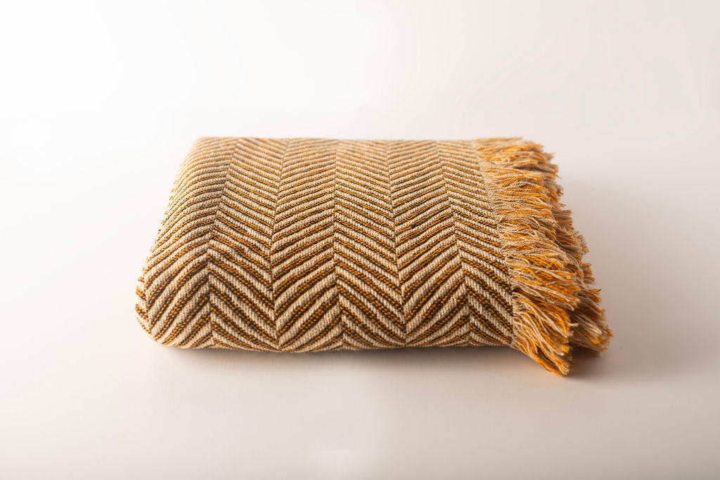 Golden Herringbone Jacquard Woven Throw Blanket, Reversible Cotton Throw, Made in USA | Henry Goldenrod