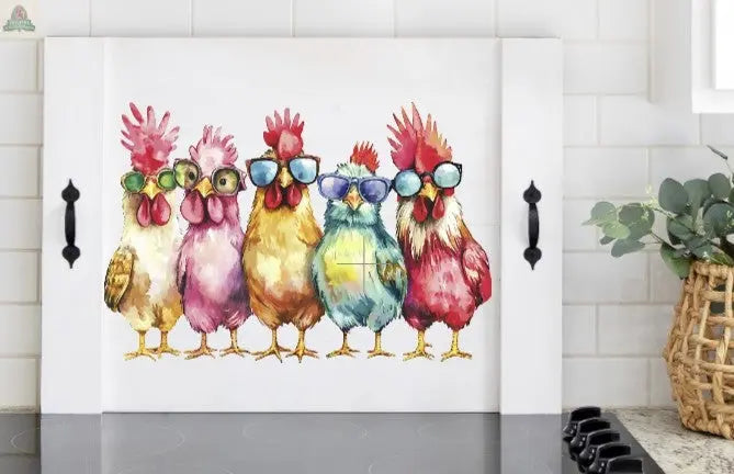 Funny Chicken Stove Cover | Colorful Chickens with Glasses | Farmhouse Noodle Board